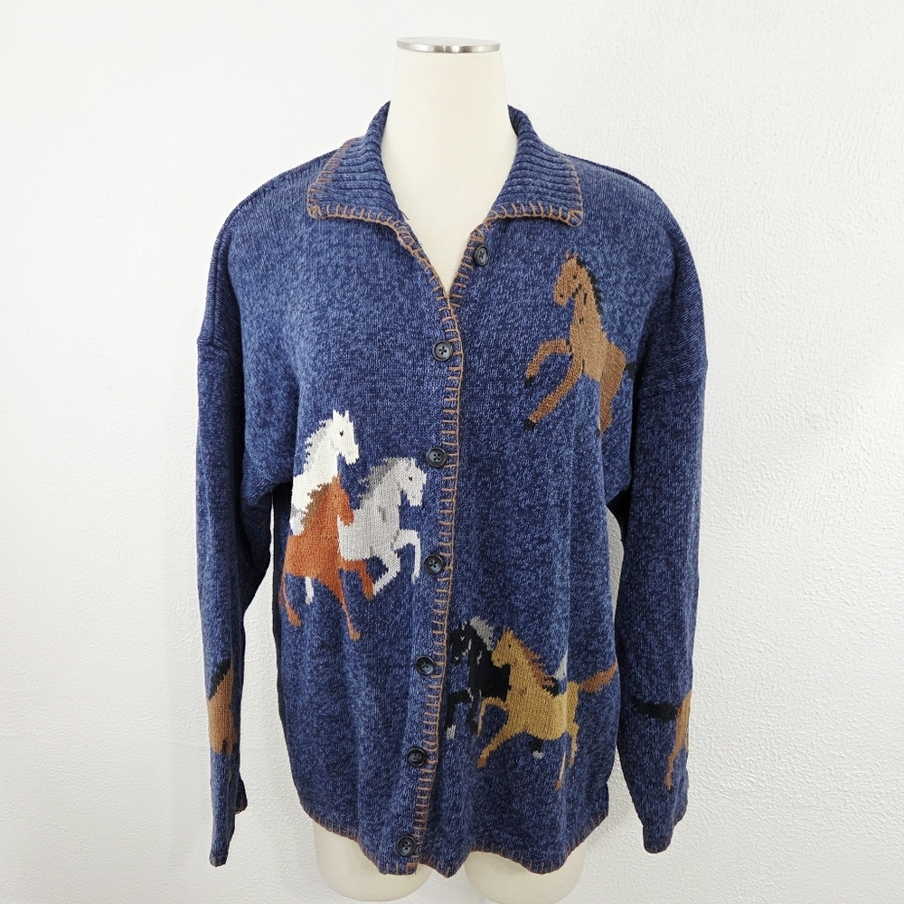 Vintage Design Options Western Horse Cardigan Sweater Blue Equestrian Size XL